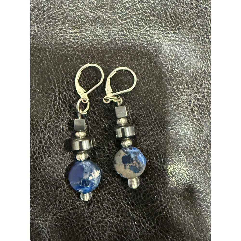 Sterling Silver Blue Jasper Gemstone Leverback Dangle Earrings